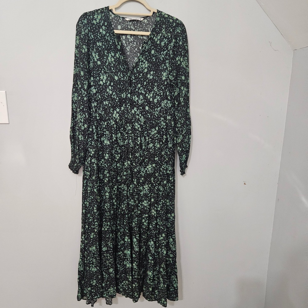 Zara Black Green Ditsy Floral Tiered Maxi Dress V-Neck Long Sleeve Medium Boho